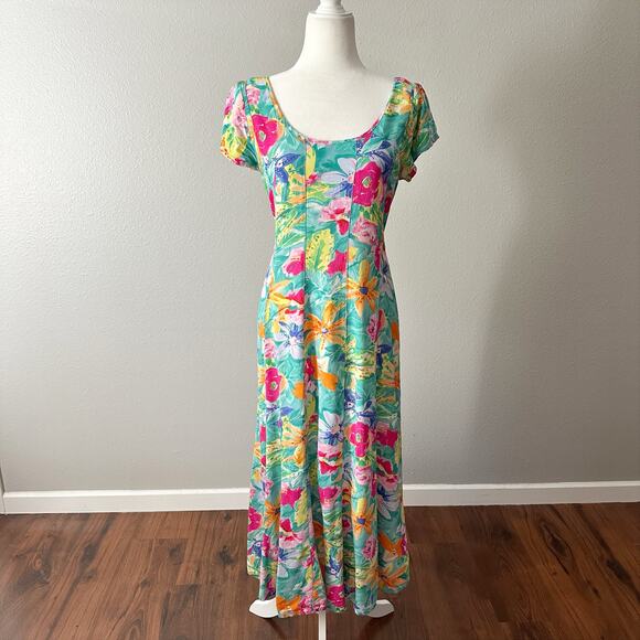 Jams World Multicolor Floral Short Sleeve Tie Back Maxi Dress Women's Size Small - Picture 1 of 11